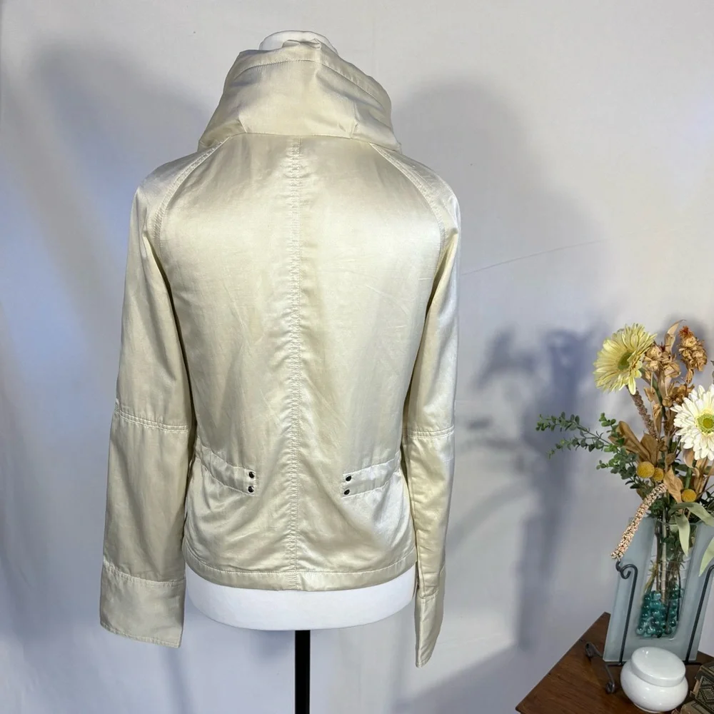 Theory Pearlized Utility Jacket Hidden Hood Adjustable Waist Cinch Ivory~S🧡